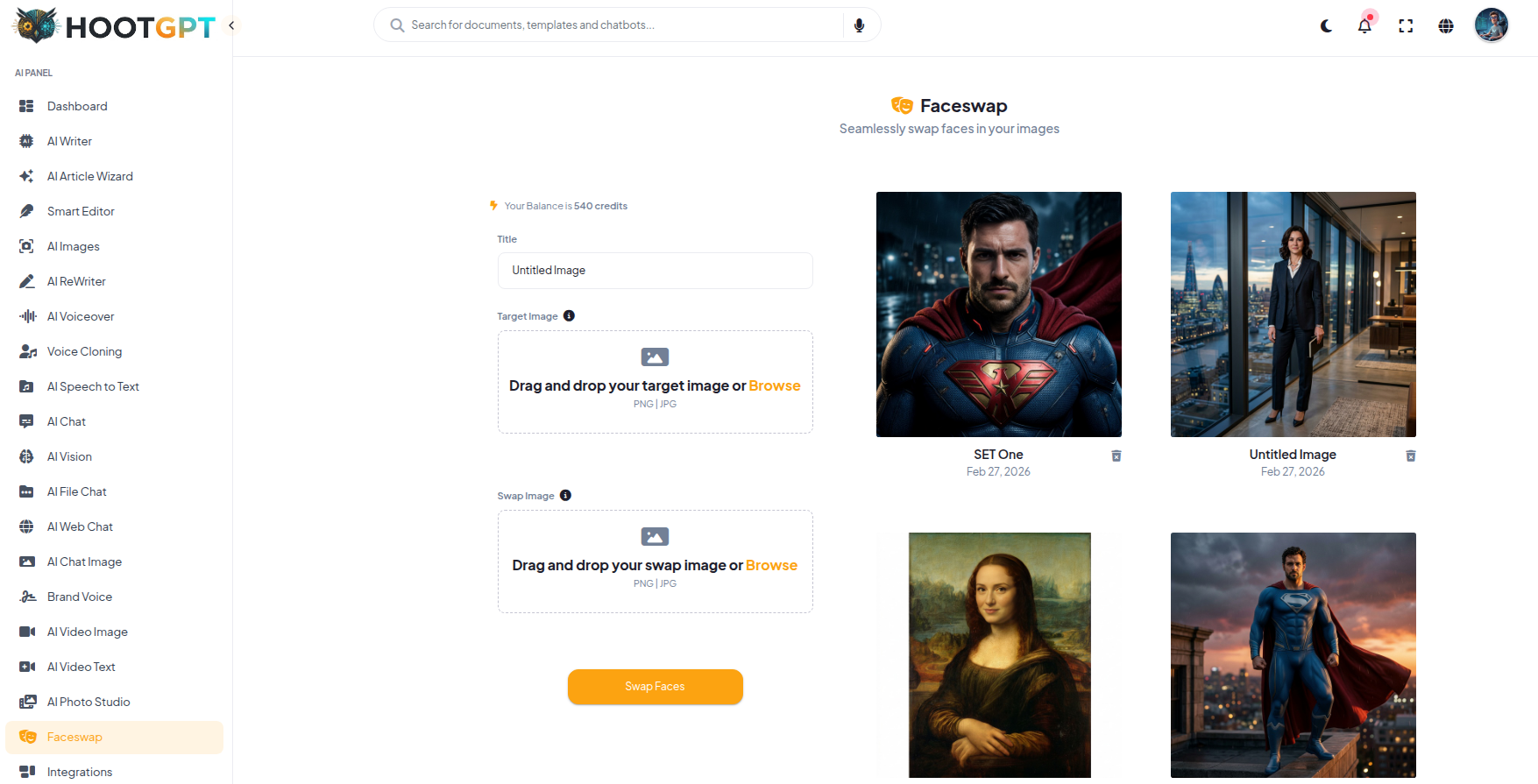 HootGPT AI Faceswap Dashboard Interface