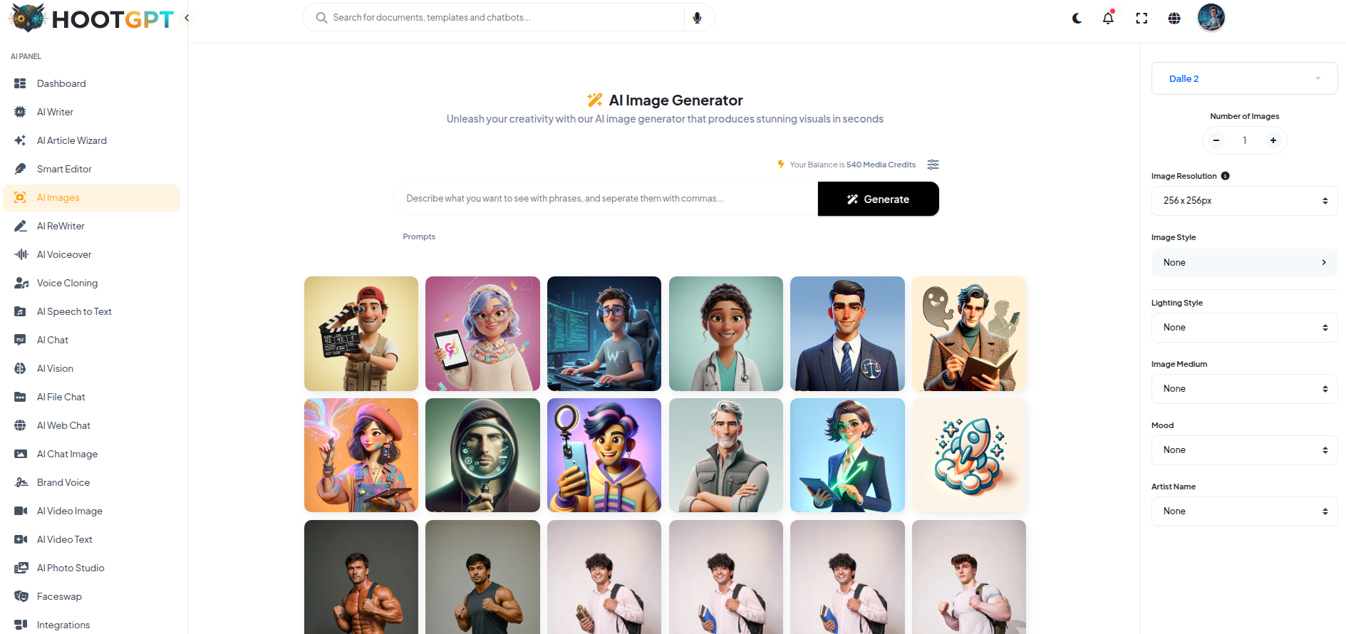 HootGPT AI Image Gallery Dashboard