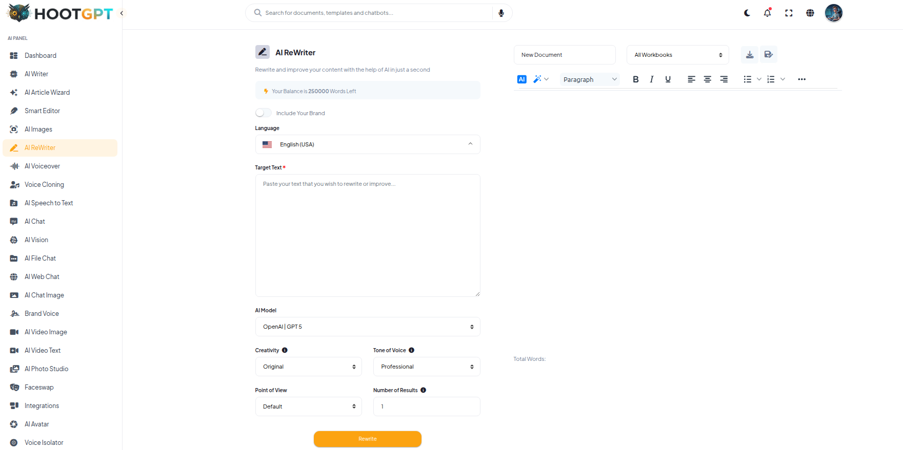 HootGPT AI Text Rewriter Dashboard Interface