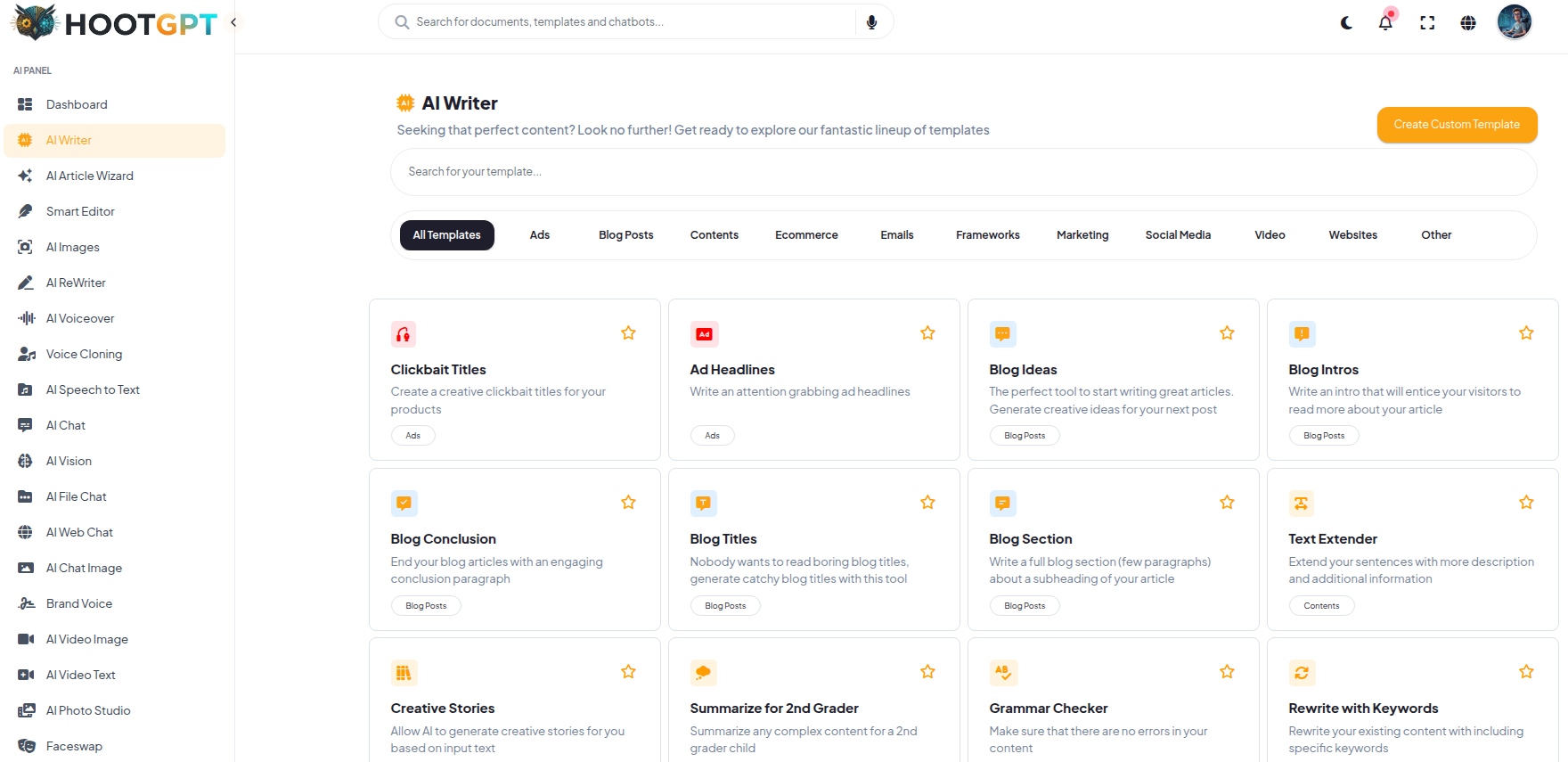 HootGPT AI Writer Workspace Interface