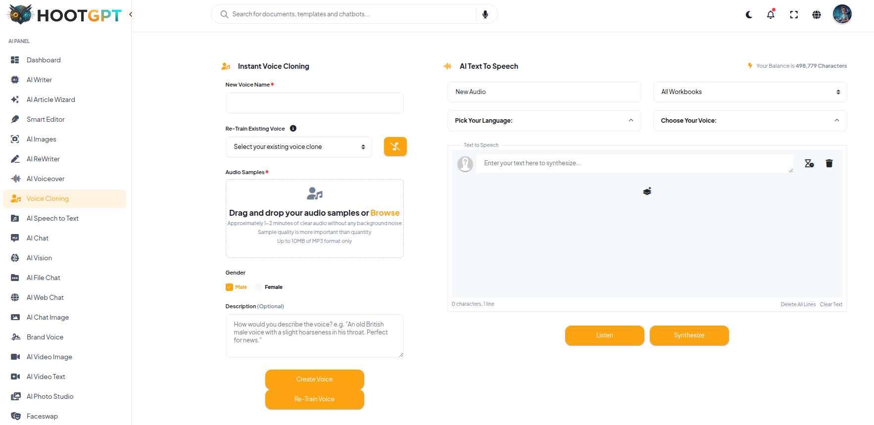 HootGPT AI Voice Cloning Dashboard Interface